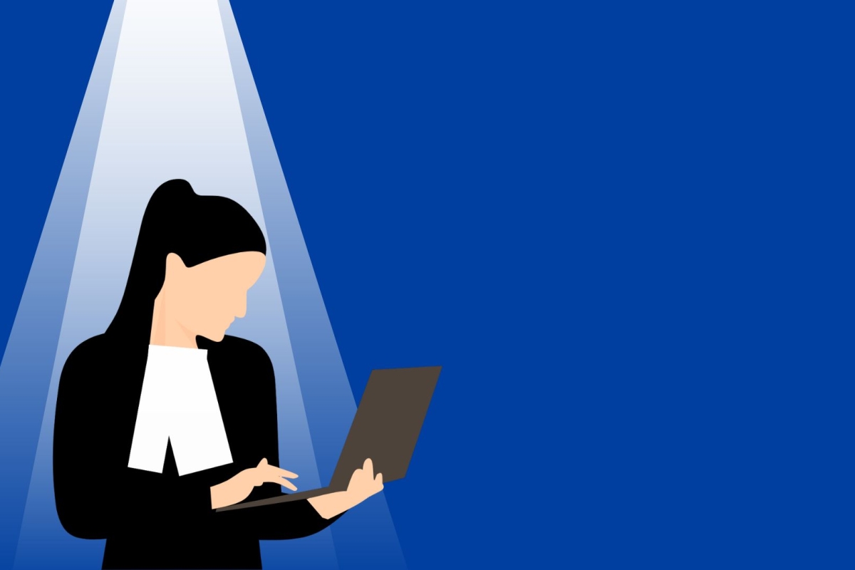 Illustratie van advocaat met laptop in lichtstraal