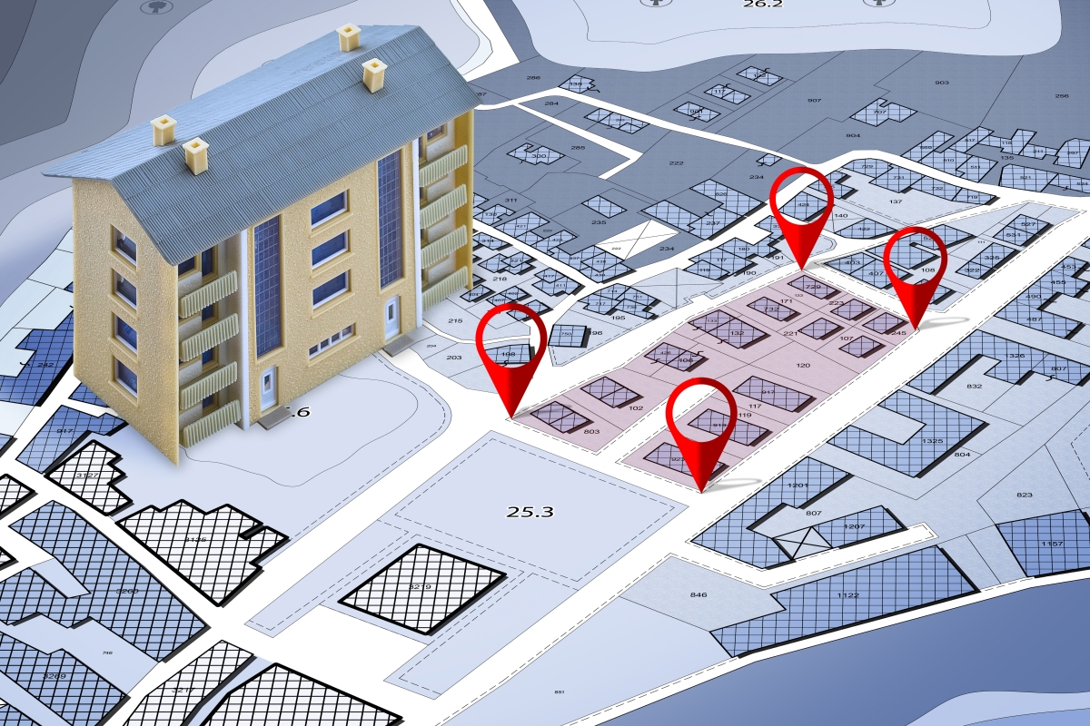 Animatie Kadasteruittreksel woonbuurt met locatie-icoon