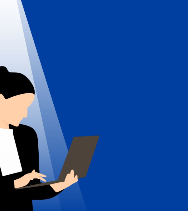 Illustratie van advocaat met laptop in lichtstraal