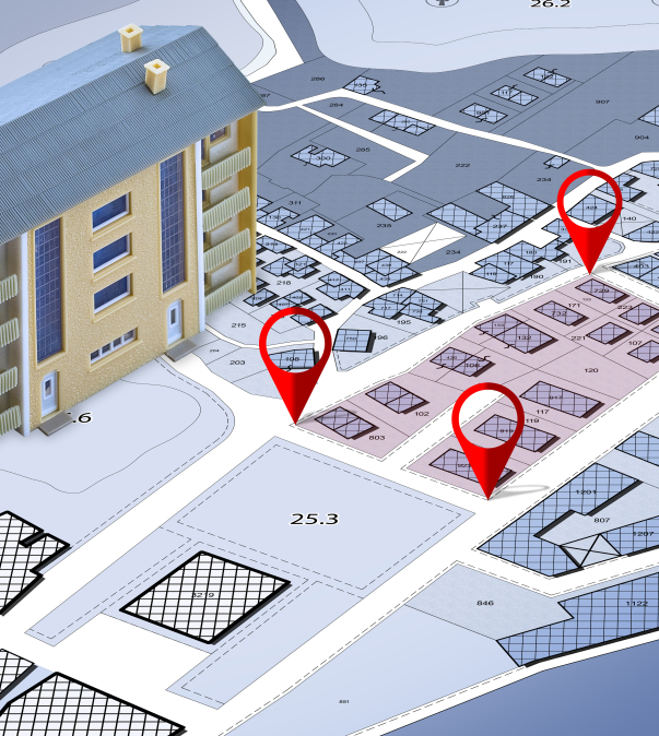 Animatie Kadasteruittreksel woonbuurt met locatie-icoon