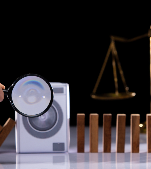 kleine wasmachine met daarvoor een hand met vergrootglas, op achtergrond weegschaal